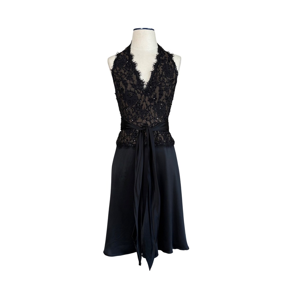 Tadashi Shoji Black Beaded Lace Halter Neck Cocktail Dress